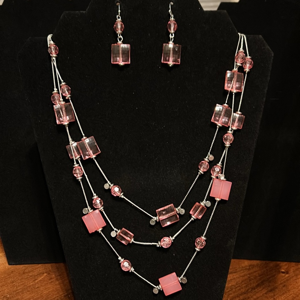 Vintage Hot Pink and Silver Costume Jewelry Necklace and Earrings Set.